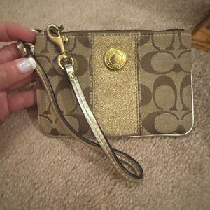 Coach Gold and Tan Signature Wristlet